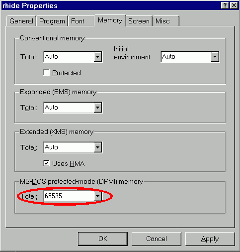 type in 65535 in the DPMI box to allocate >16MB